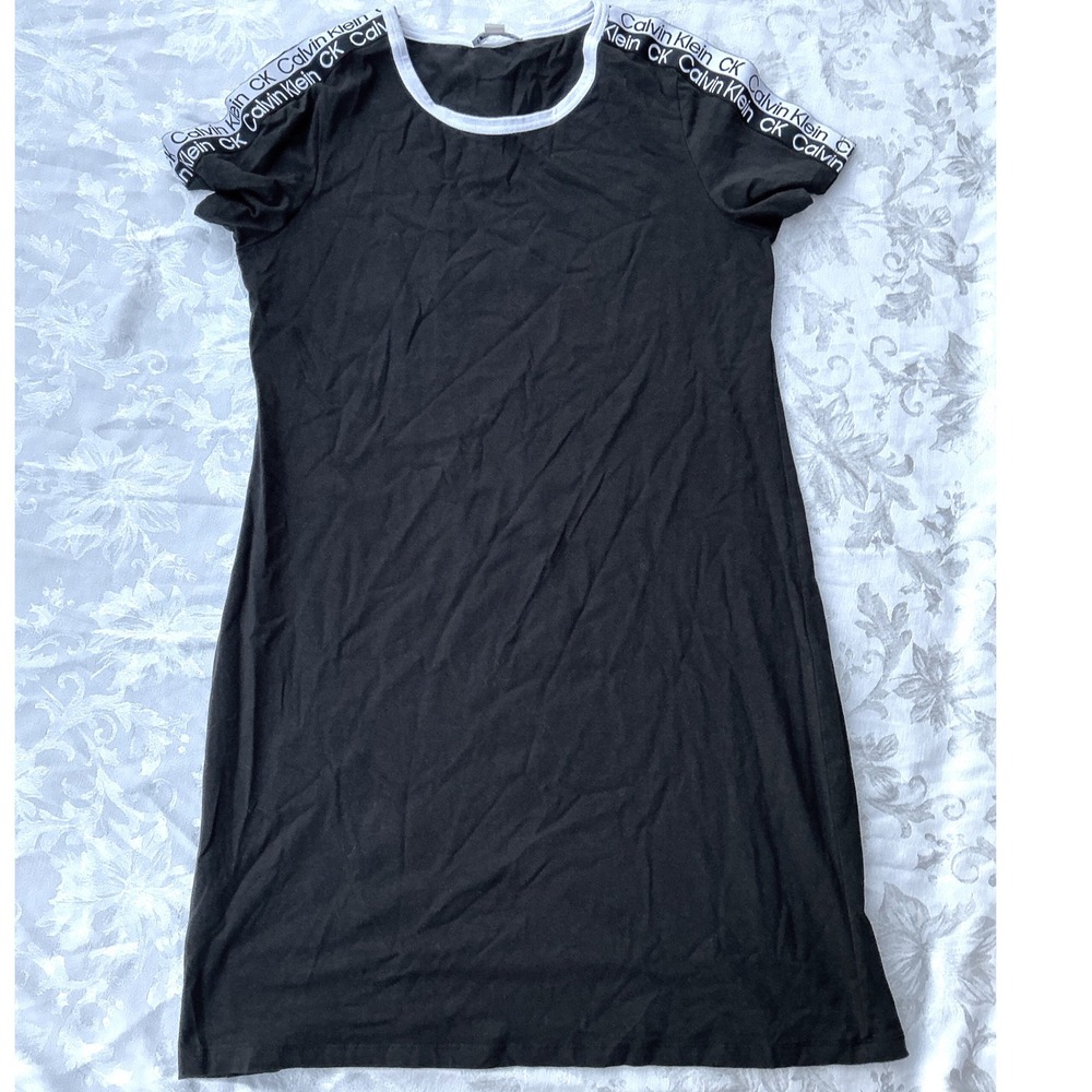 Calvin Klein TShirt Dress Womens L Black Excellent Logo Tape Ringer Trim Stretch